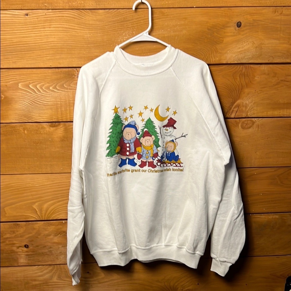 Hanes Womens Vintage White Ugly Christmas Sweatshirt XXL Festive Bears Snowman